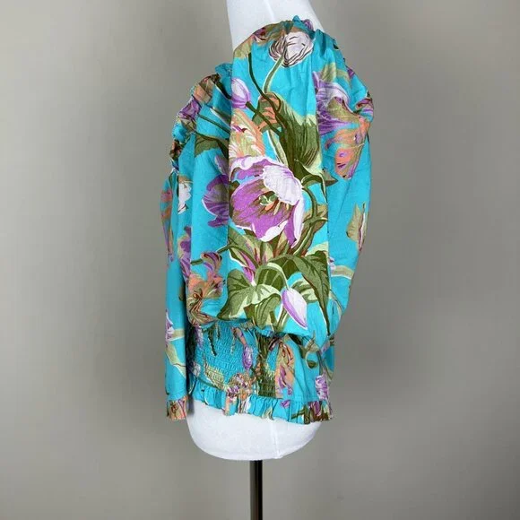 Anthropologie Love The‎ Label Top Womens XL Blue Floral Puff Sleeve Asymmetrical - Picture 9 of 14